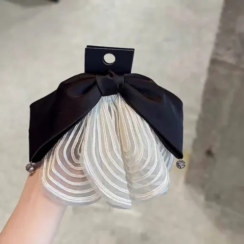 Ballet Style Bow Hair Claw Clip With Lace Mesh Skirt For Women French Ribbon Rhinestone Hair Accessory Black White Elegant Headwear