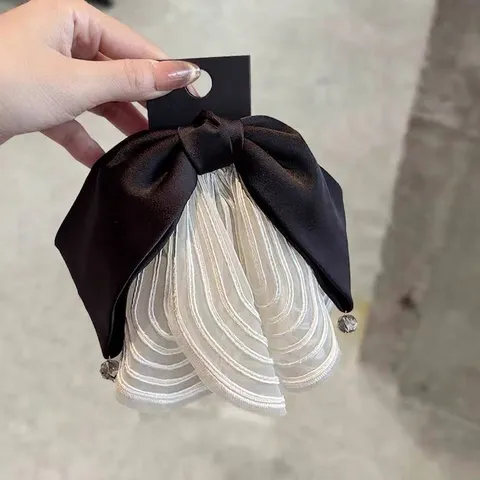 Ballet Style Bow Hair Claw Clip With Lace Mesh Skirt For Women French Ribbon Rhinestone Hair Accessory Black White Elegant Headwear