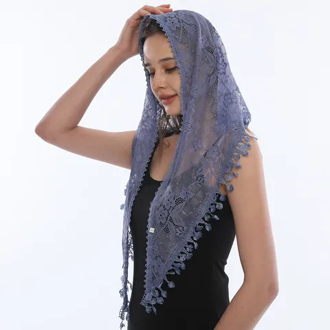 Women Lace Tassel Triangle Scarf Hollow Out Floral Mantilla Breathable Polyester Head Scarf Elegant Shawl Wrap For Everyday