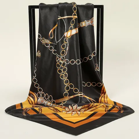Elegant Women Faux Silk Satin Square Scarf Vintage Chain Horse Bit Print Silk Like Headscarf Wrap Hair Bandana Neckerchief