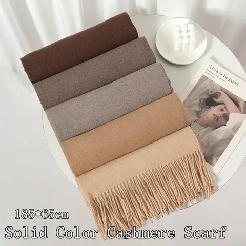 Écharpe Imitation Cachemire pour Femme Hiver Chaud Épais Châle Long à Glands Couleur Unie Enveloppement Élégant pour Femme