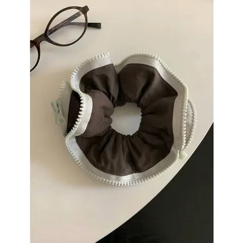 Korean Fashion Contrast Color Zipper Design Hair Scrunchie For Women Pleated Fabric Elastic Hair Ties Retro Hair Accessories