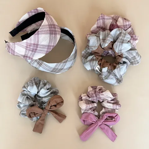 Korean Style Plaid Wide Hairband Bow Scrunchie Set Polyester Cotton Fabric Headband For Women Hair Accessories