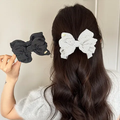 Fermaglio a Banana con Fiocco a Pois Stile Coreano Retrò in Tessuto di Cotone Poliestere Accessori per Capelli da Donna