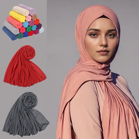 Women Solid Color Mercerized Look Jersey Hijab Scarf Soft Breathable Muslim Headwrap Long Shawl Wrap Versatile Daily Polyester Scarf
