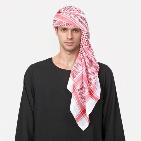 Traditional Middle Eastern Men Keffiyeh Shemagh Headscarf Polyester Jacquard Plaid Long Scarf Headwrap Desert Head Covering