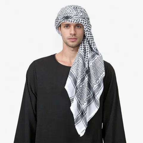 Traditional Middle Eastern Men Keffiyeh Shemagh Headscarf Polyester Jacquard Plaid Long Scarf Headwrap Desert Head Covering