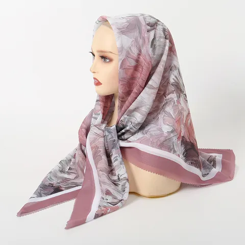 Women Floral Print Square Scarf Laser Cut Scalloped Edge Hijab Shawl Elegant Lightweight Polyester Headscarf For Sun Protection Daily Wear