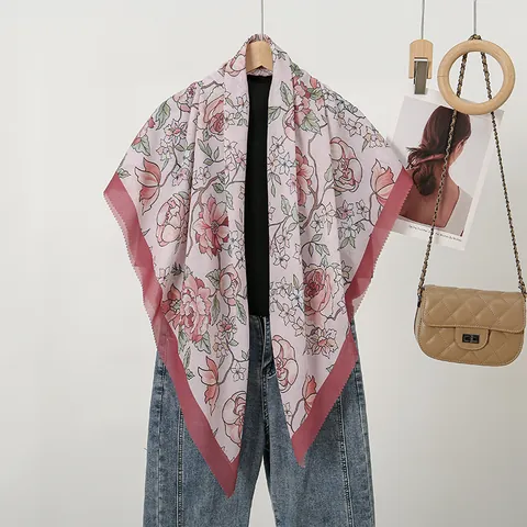 Women Floral Print Square Scarf Laser Cut Scalloped Edge Hijab Shawl Elegant Lightweight Polyester Headscarf For Sun Protection Daily Wear