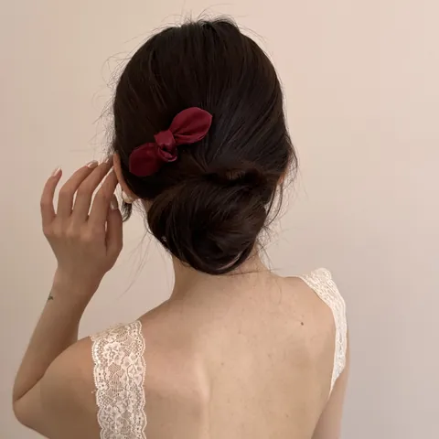 Elegant Burgundy Satin Bow Hair Accessories For Women Korean Style Silk-Look Hairband Hair Clip Hair Tie Set For Daily Wedding Party Decoration