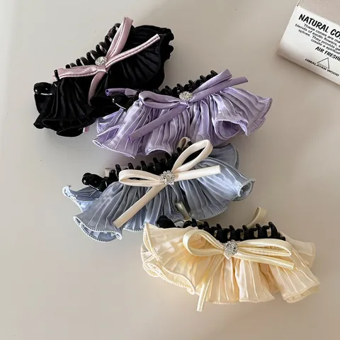 Französischer Stil Plissierte Schleife Haarspange Doppelschicht Stoff Strass Bananen Clip Elegante Haarschmuck Für Damen Süße Haarspange