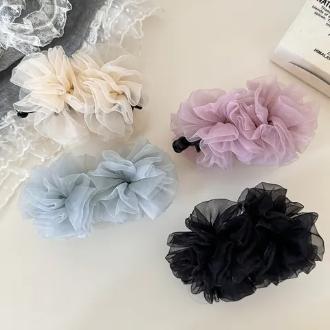 Pinza De Pelo Banana Plisada De Malla Elegante Para Mujer Horquilla Floral Accesorios Para La Parte Posterior De La Cabeza Estilo Coreano