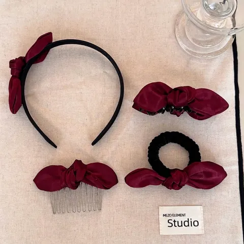 Elegant Burgundy Satin Bow Hair Accessories For Women Korean Style Silk-Look Hairband Hair Clip Hair Tie Set For Daily Wedding Party Decoration