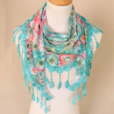 Elegant Blended Fabric Lace Triangle Scarf For Women Colorful Plaid Hollow Out Printed Shawl Wrap With Tassel Pendant Jewelry Accessories