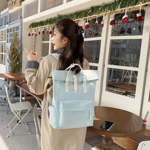 Unisex Lightweight PU Casual Roll-top Outdoor Travel Backpack Large Capacity Waterproof Fashion Daily School Daypack Bag