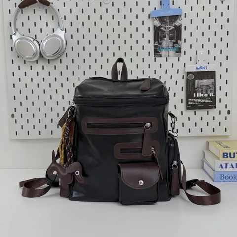 Vintage Motorcycle PU Leather Backpack Women Multi-Pocket Crossbody Shoulder Bag Large Capacity Retro Solid Tote Bag