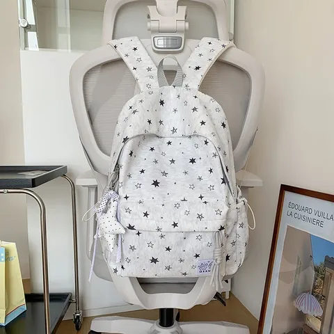 Nylon Preppy School Star Printed Backpack Ergonomic Burden Reduction Youth Computer Laptop Rucksack For Students Everyday Travel Bag