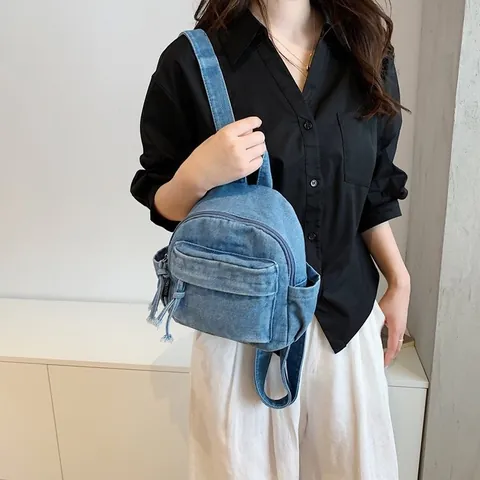 Vintage Hong Kong Style Denim Backpack For Women Large Capacity Lightweight Washed Jeans School Bag Casual Daypack For Students