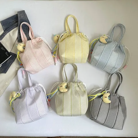 Nylon Gingham Plaid Drawstring Bucket Bag Minimalist Striped Patchwork Handbag With Cute Plush Pendant For Women Commuting Daily Matching