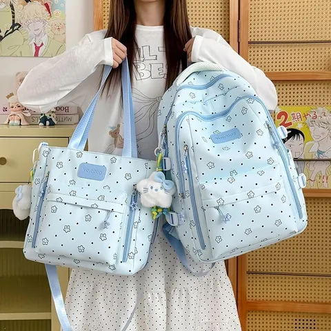 Set Zaino e Borsa Tote in Nylon con Stelle e Pois Stile Giapponese Ins per Studenti Scuole Medie Campus Viaggi Giovani