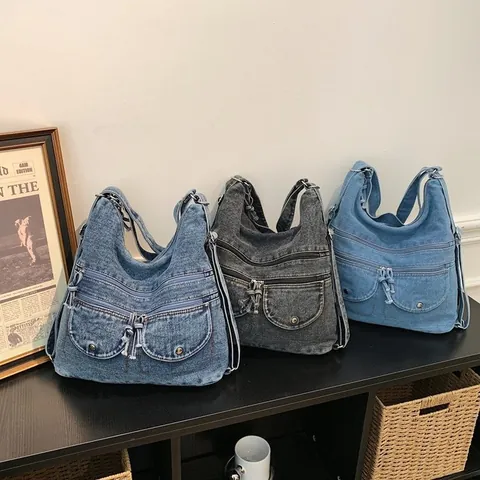 Vintage Literary Denim Backpack For Women Men Washed Denim Large Capacity Multi Pocket Commuting Tote Bag Student Casual Daypack