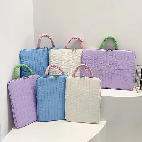 Korean Style Color Block Quilted Laptop Bag Shockproof Tablet Sleeve With Ruffled Handle Casual Nylon Handheld Briefcase For iPad Notebook