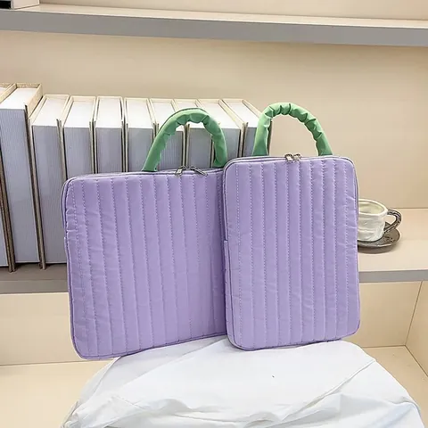 Korean Style Color Block Quilted Laptop Bag Shockproof Tablet Sleeve With Ruffled Handle Casual Nylon Handheld Briefcase For iPad Notebook