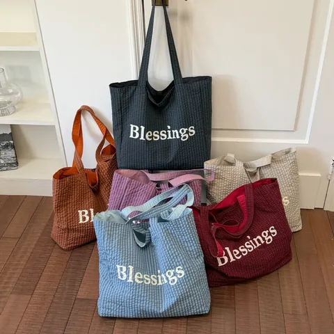 Korean Style Casual Reversible Nylon Plaid Tote Bag Large Capacity Letter Print Shoulder Bag For Commuting Women Travel Handbag