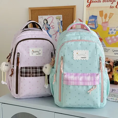 Zaino da Scuola a Grande Capacità Con Stampa Stellata per Donna Stile Coreano Contrasto Colore Quadri Studente Nylon Daypack da Viaggio