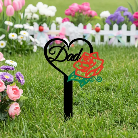 Paletto da Giardino Commemorativo Papà in Acrilico Cuore Nero Rosa Rossa Segnaposto per Cimitero Decorazione per la Festa del Papà