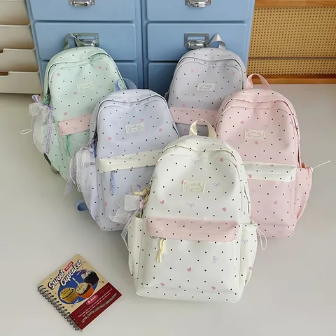 Japanese Style Cute Lace Bowknot Backpack Large Capacity Polka Dot Print School Bag For Student Girls Daily Outing Travel Nylon Backpack