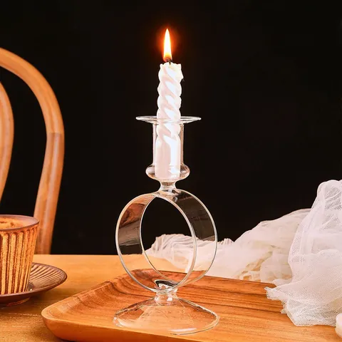 Candelabro Vintage Nórdico de Vidrio Transparente con Anillo Porta Velas Geométrico Retro Decoración Hogar Cena Accesorios Fotos