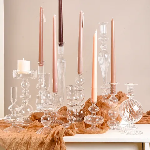 European Minimalist Clear Ribbed Glass Candlestick Holder Striped Sphere Modern Table Decor For Taper Candles Home Ornament
