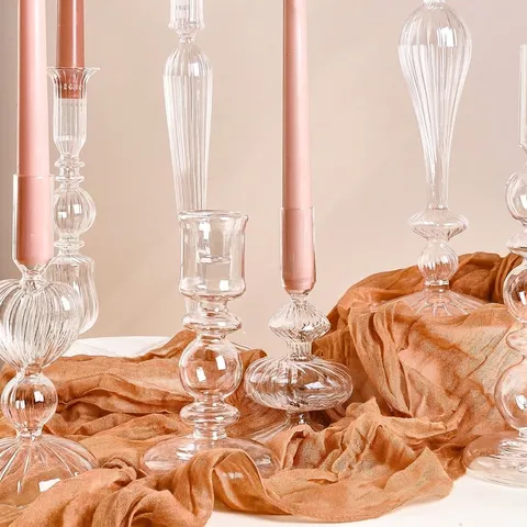 European Minimalist Clear Ribbed Glass Candlestick Holder Striped Sphere Modern Table Decor For Taper Candles Home Ornament