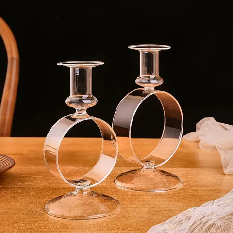 Candelabro Vintage Nórdico de Vidrio Transparente con Anillo Porta Velas Geométrico Retro Decoración Hogar Cena Accesorios Fotos