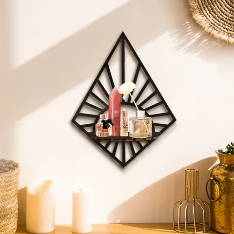 Modern Rhombus Wood Wall Shelf Stripe Sunray Pattern Crystal Display Stand Bohemian Home Decor Wall Floating Shelf For Aromatherapy