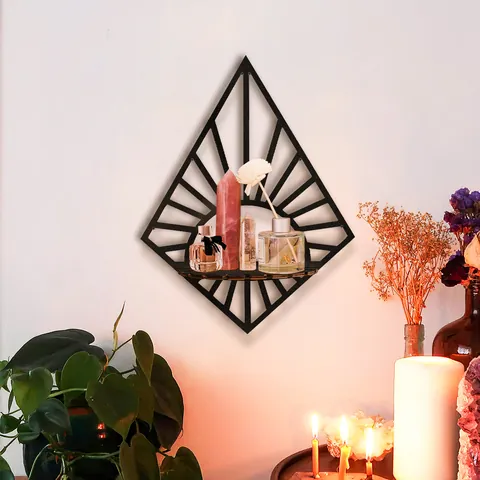 Modern Rhombus Wood Wall Shelf Stripe Sunray Pattern Crystal Display Stand Bohemian Home Decor Wall Floating Shelf For Aromatherapy