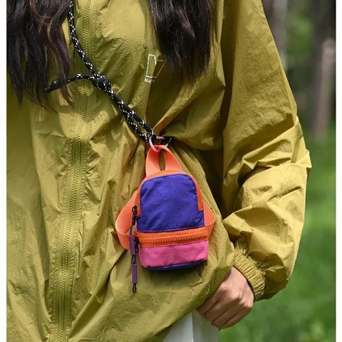 Mini Backpack Coin Pouch Nylon Color Block Earphone Storage Bag With Lanyard Small Lipstick Organizer For Women