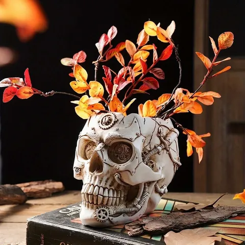 Steampunk Mechanical Skull Vase Resin Gothic Skeleton Sculpture Vintage Industrial Style Flower Pot Creative Home Decor Office Desktop Ornament
