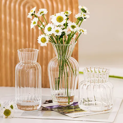 Jarrón de Vidrio con Rayas Retro Creativo Jarrón Acanalado Minimalista Transparente para Decoración del Hogar Sala de Estar Mesa Flores Arreglo de Flores Secas