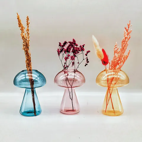 Vase à Fleurs Décoratif de Bureau Intérieur en Forme de Champignon en Verre Transparent Couleur Unie Minimaliste