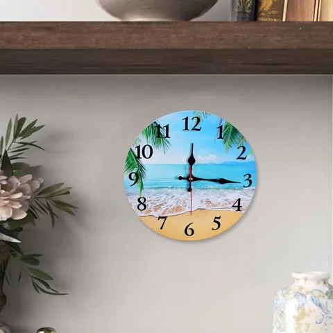 Modern Wooden Beach Island Sunset Silent Wall Clock Decorative Round Hanging Clock For Home Living Room Office Decor