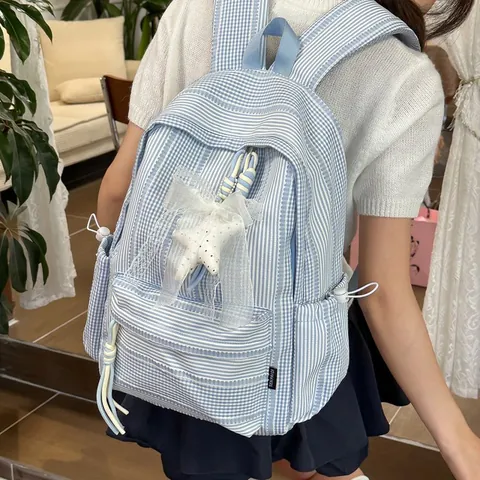 Nylon Korean Style Gingham Student Backpack Large Capacity School Bag For Girls Casual Travel Daypack With Cute Pendant
