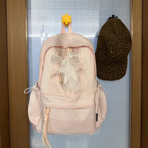 Nylon Korean Style Gingham Student Backpack Large Capacity School Bag For Girls Casual Travel Daypack With Cute Pendant