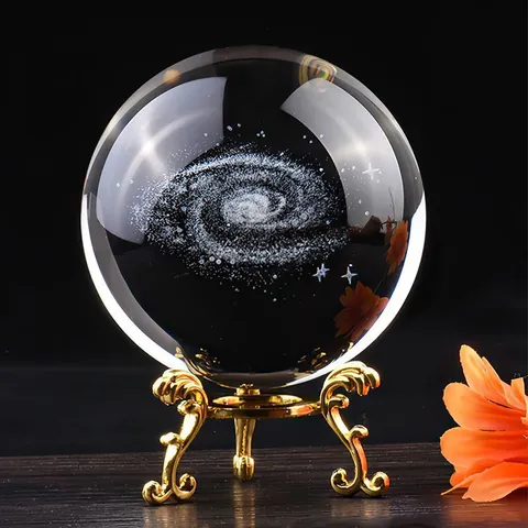 Creative Laser Engraved Crystal Ball Ornament Modern Glass Sphere Galaxy Astronaut Moon Desktop Decor Aesthetic Home Office Gift