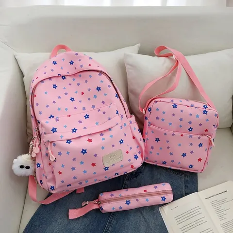 Preppy Stil Sternenmuster Rucksack Große Kapazität Nylon Schultasche Mit Plüsch Anhänger Für Mädchen Studenten Mode Freizeit Daypack