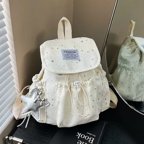 Japanese Ins Style Star Pattern Mini Backpack For Women Lightweight Nylon Drawstring Flap Small School Bag For Travel Daily Fashion Backpack