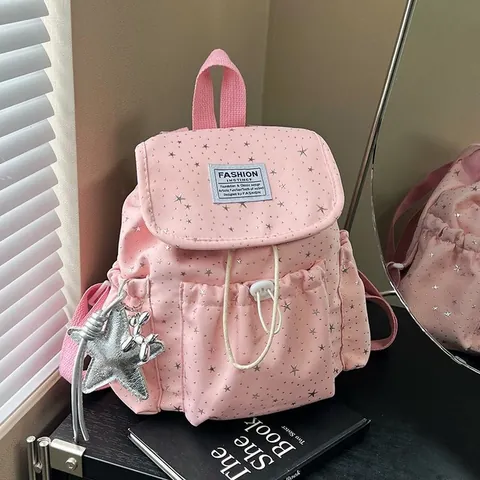 Japanese Ins Style Star Pattern Mini Backpack For Women Lightweight Nylon Drawstring Flap Small School Bag For Travel Daily Fashion Backpack