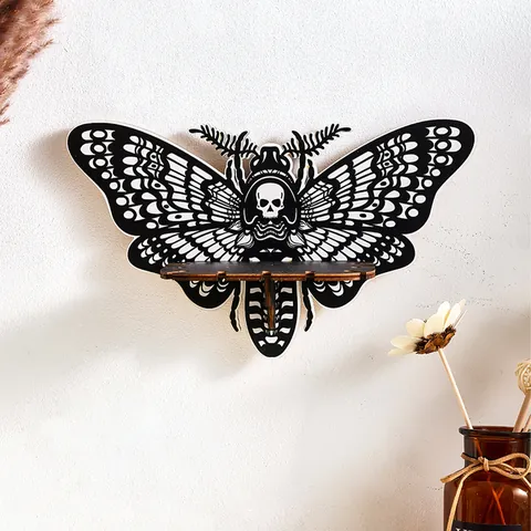 Gothic Skull Moth Wall Shelf Wood Crystal Display Rack Halloween Decoration Mystical Moth Candle Holder Home Decor