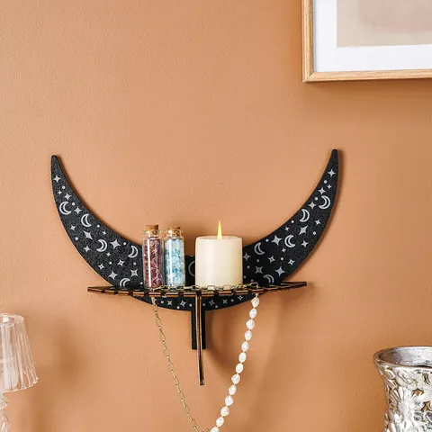 Moon Star Wooden Wall Floating Shelf Creative Black Gothic Home Decor Bohemian Storage Display Rack For Candles Crystals Jewelry